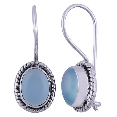 Alluring Textured Wire Around Blue Chalcedony Oval Shape 925 Sterling Solid Silver Dangle Earrings - R1501394-32