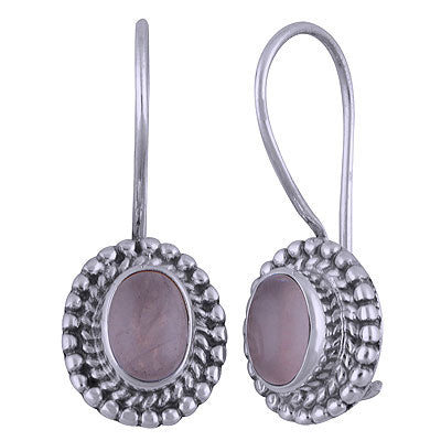 Stunning Handcrafted Rawa Work Around Rose Quartz Oval Shape 925 Sterling Solid Silver Dangle Earrings - R1501400-24