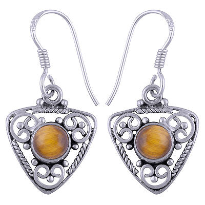 Alluring Wire & Rawa Work Pattern Around Tiger's Eye Round Shape 925 Sterling Solid Silver Dangle Earrings - R1501403-22