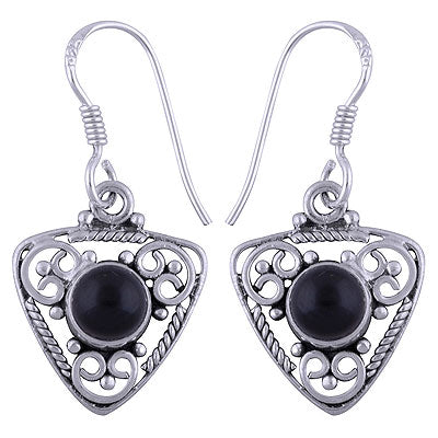 Alluring Wire & Rawa Work Pattern Around Black Onyx Round Shape 925 Sterling Solid Silver Dangle Earrings - R1501403-24