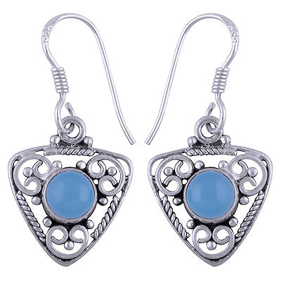 Alluring Wire & Rawa Work Pattern Around Blue Chalcedony Round Shape 925 Sterling Solid Silver Dangle Earrings - R1501403-31