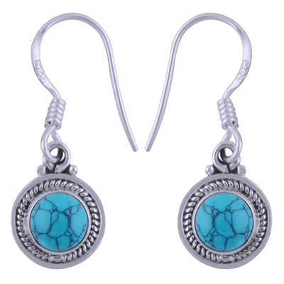 Beautiful Handwork Around Turquoise Round Shape 925 Sterling Solid Silver Dangle Earrings - R1501408-7
