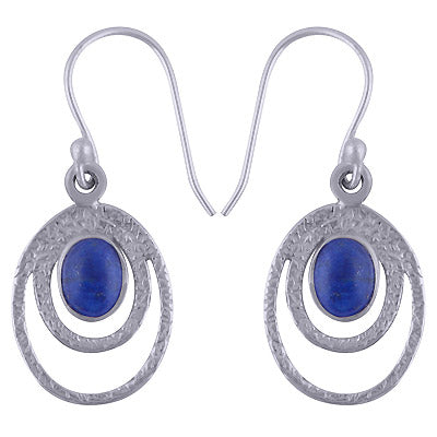 Beautiful Hammer Textured work on Lapis Oval Shape 925 Sterling Solid Silver Earrings - R1501425-14