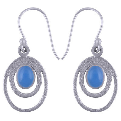 Beautiful Hammer Textured work on Blue Chalcedony Oval Shape 925 Sterling Solid Silver Earrings - R1501425-91