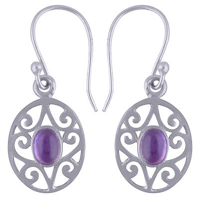 Stunning Handcrafted Texture Around Amethyst Oval Shape 925 Sterling Solid Silver Dangle Earrings - R1501427-1