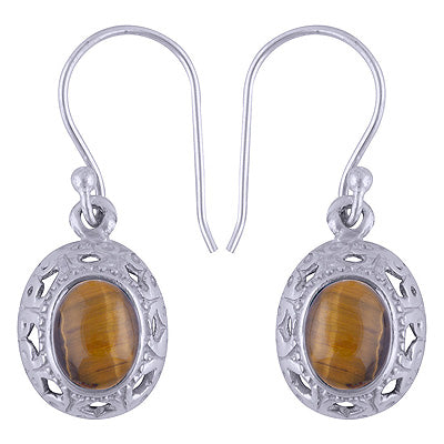 Vintage Tiger's Eye Oval Shape 925 Sterling Solid Silver Dangle Earrings - R1501430-25