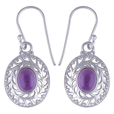 Alluring Jali Cut Work Around Amethyst Oval Shape 925 Sterling Solid Silver Dangle Earrings - R1501431-1