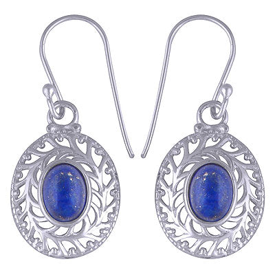 Alluring Jali Cut Work Around Lapis Oval Shape 925 Sterling Solid Silver Dangle Earrings - R1501431-19