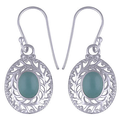 Alluring Jali Cut Work Around Aqua Chalcedony Oval Shape 925 Sterling Solid Silver Dangle Earrings - R1501431-33