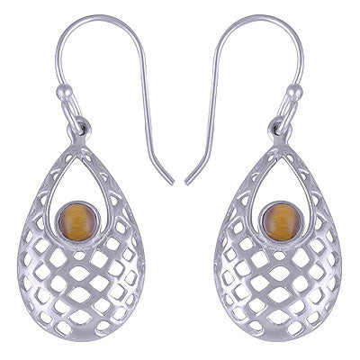Gorgeous Jali Pattern Around Tiger's Eye Round Shape 925 Sterling Solid Silver Earrings - R1501432-19