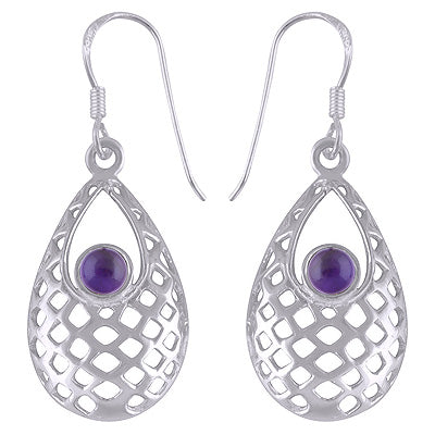 Gorgeous Jali Pattern Around Amethyst Round Shape 925 Sterling Solid Silver Dangle Earrings - R1501432-51