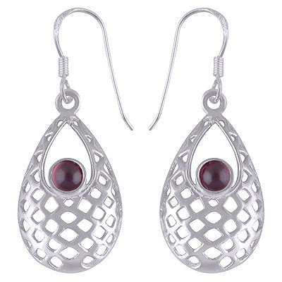 Gorgeous Jali Pattern Around Garnet Round Shape 925 Sterling Solid Silver Dangle Earrings - R1501432-52