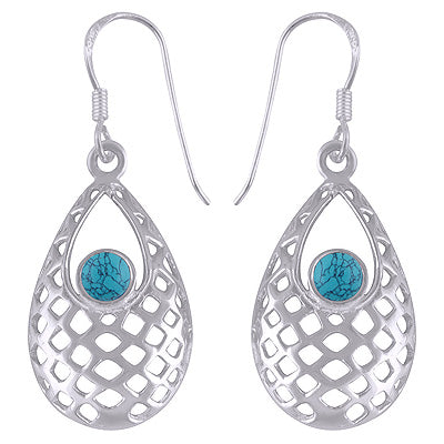 Gorgeous Jali Pattern Around Turquoise Round Shape 925 Sterling Solid Silver Dangle Earrings - R1501432-53
