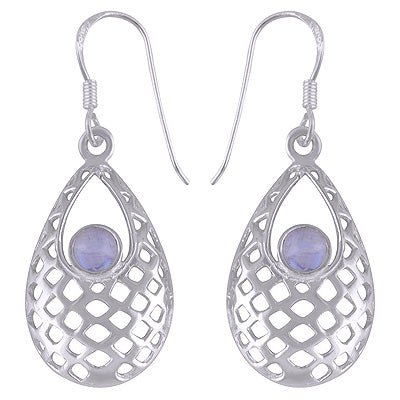 Gorgeous Jali Pattern Around Rainbow Moonstone Round Shape 925 Sterling Solid Silver Dangle Earrings - R1501432-54