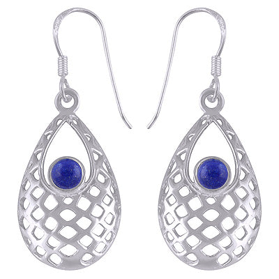 Gorgeous Jali Pattern Around Lapis Round Shape 925 Sterling Solid Silver Dangle Earrings - R1501432-56