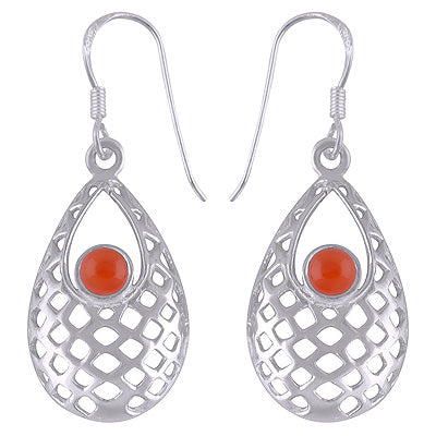 Gorgeous Jali Pattern Around Carnelian Round Shape 925 Sterling Solid Silver Dangle Earrings - R1501432-57