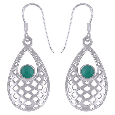 Gorgeous Jali Pattern Around Green Onyx Round Shape 925 Sterling Solid Silver Dangle Earrings - R1501432-58