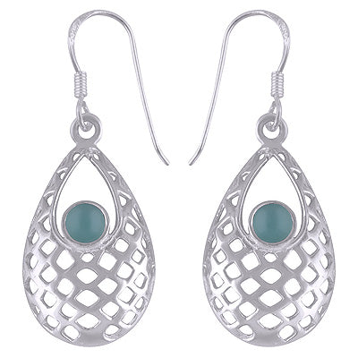 Gorgeous Jali Pattern Around Aqua Chalcedony Round Shape 925 Sterling Solid Silver Dangle Earrings - R1501432-60