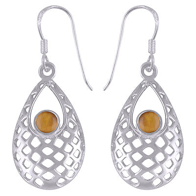 Gorgeous Jali Pattern Around Tiger's Eye Round Shape 925 Sterling Solid Silver Dangle Earrings - R1501432-61
