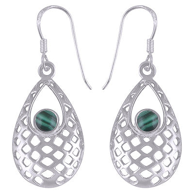 Gorgeous Jali Pattern Around Malachite Round Shape 925 Sterling Solid Silver Dangle Earrings - R1501432-62