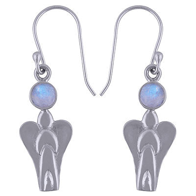 Beautiful Angel Handcrafted Around Rainbow Moonstone Round Shape 925 Sterling Solid Silver Dangle Earrings - R1501467-9