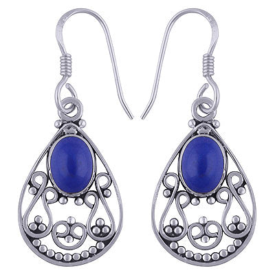 Stunning Rawa And Wire Work Around Lapis Oval Shape 925 Sterling Solid Silver Dangle Earrings - R1501494-31
