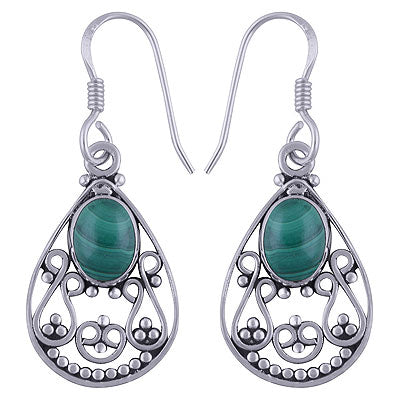 Stunning Rawa And Wire Work Around Malachite Oval Shape 925 Sterling Solid Silver Dangle Earrings - R1501494-34