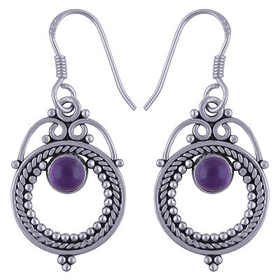 Elegant Rawa & Wire work Around Amethyst Round Shape 925 Sterling Solid Silver Dangle Earrings - R1501496-1