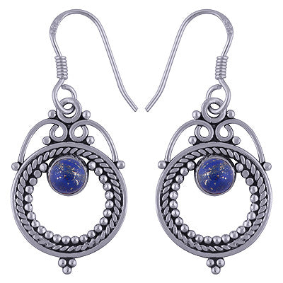 Elegant Rawa & Wire work Around Lapis Round Shape 925 Sterling Solid Silver Dangle Earrings - R1501496-19