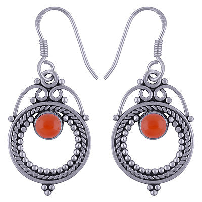 Elegant Rawa & Wire work Around Carnelian Round Shape 925 Sterling Solid Silver Dangle Earrings - R1501496-30