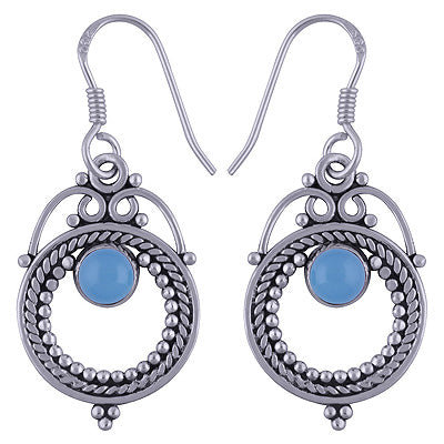 Elegant Rawa & Wire work Around Blue Chalcedony Round Shape 925 Sterling Solid Silver Dangle Earrings - R1501496-31