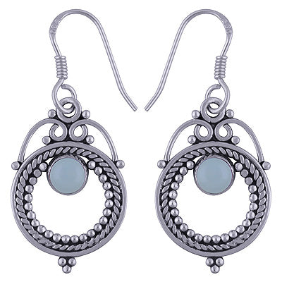 Elegant Rawa & Wire work Around Aqua Chalcedony Round Shape 925 Sterling Solid Silver Dangle Earrings - R1501496-32