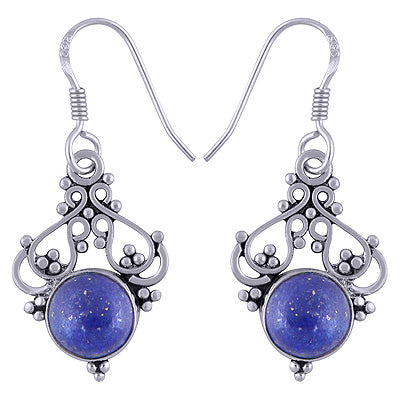 Beautifully Handcrafted Work On Lapis Round Shape 925 Sterling Solid Silver Dangle Earrings - R1501497-15