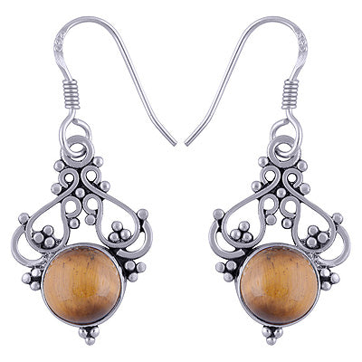 Beautifully Handcrafted Work On Tiger's Eye Round Shape 925 Sterling Solid Silver Dangle Earrings - R1501497-18