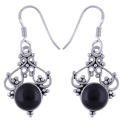 Beautifully Handcrafted Work On Black Onyx Round Shape 925 Sterling Solid Silver Dangle Earrings - R1501497-24