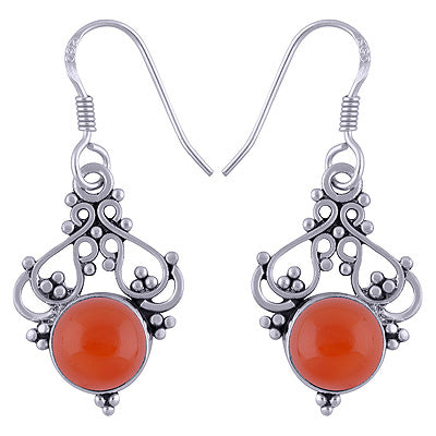Beautifully Handcrafted Work On Carnelian Round Shape 925 Sterling Solid Silver Dangle Earrings - R1501497-28