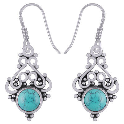Beautifully Handcrafted Work On Turquoise Round Shape 925 Sterling Solid Silver Dangle Earrings - R1501497-43