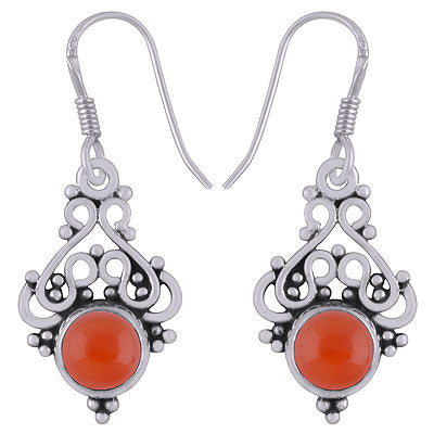 Beautifully Handcrafted Work On Carnelian Round Shape 925 Sterling Solid Silver Dangle Earrings - R1501497-47