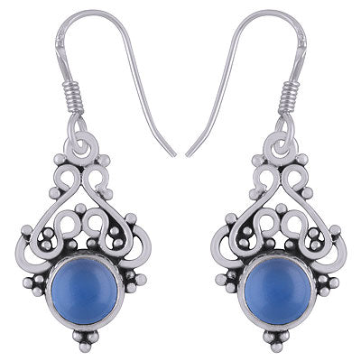Beautifully Handcrafted Work On Blue Chalcedony Round Shape 925 Sterling Solid Silver Dangle Earrings - R1501497-49