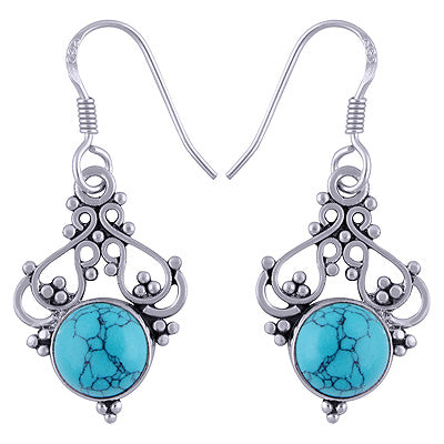 Beautifully Handcrafted Work On Turquoise Round Shape 925 Sterling Solid Silver Dangle Earrings - R1501497-5