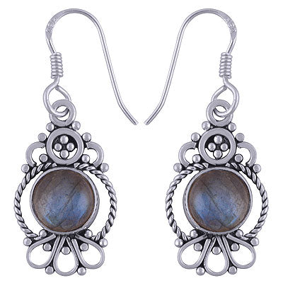 Beautiful Twisted Wire And Rawa Work Around Labradorite Round Shape 925 Sterling Solid Silver Dangle Earrings - R1501498-14