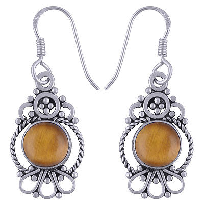 Beautiful Twisted Wire And Rawa Work Around Tiger's Eye Round Shape 925 Sterling Solid Silver Dangle Earrings - R1501498-19