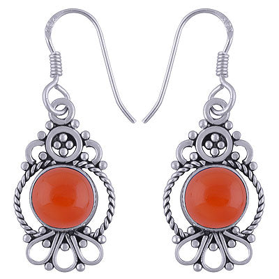 Beautiful Twisted Wire And Rawa Work Around Carnelian Round Shape 925 Sterling Solid Silver Dangle Earrings - R1501498-26
