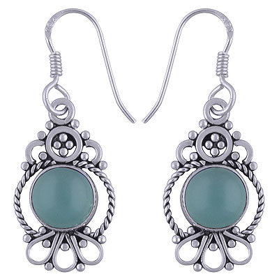 Beautiful Twisted Wire And Rawa Work Around Aqua Chalcedony Round Shape 925 Sterling Solid Silver Dangle Earrings - R1501498-29