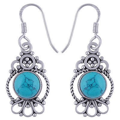 Beautiful Twisted Wire And Rawa Work Around Turquoise Round Shape 925 Sterling Solid Silver Dangle Earrings - R1501498-8