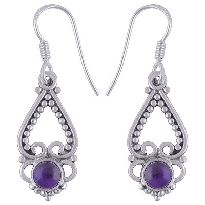 Classic Hand Rawa Work Amethyst Round Shape 925 Sterling Solid Silver Dangle Earrings - R1501505-1