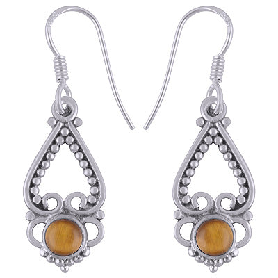Classic Hand Rawa Work Tiger's Eye Round Shape 925 Sterling Solid Silver Dangle Earrings - R1501505-101