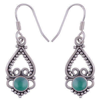 Classic Hand Rawa Work Green Onyx Round Shape 925 Sterling Solid Silver Dangle Earrings - R1501505-104