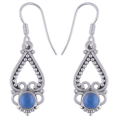 Classic Hand Rawa Work Blue Chalcedony Round Shape 925 Sterling Solid Silver Dangle Earrings - R1501505-105