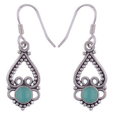 Classic Hand Rawa Work Aqua Chalcedony Round Shape 925 Sterling Solid Silver Dangle Earrings - R1501505-106